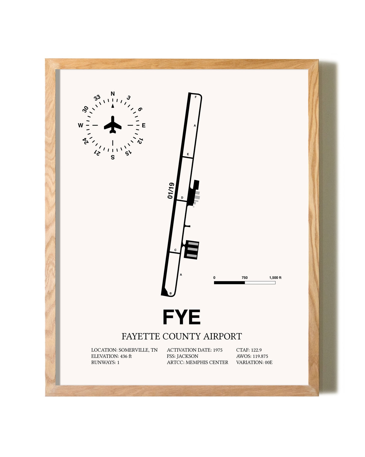Fayette County Airport framed print in natural wood frame