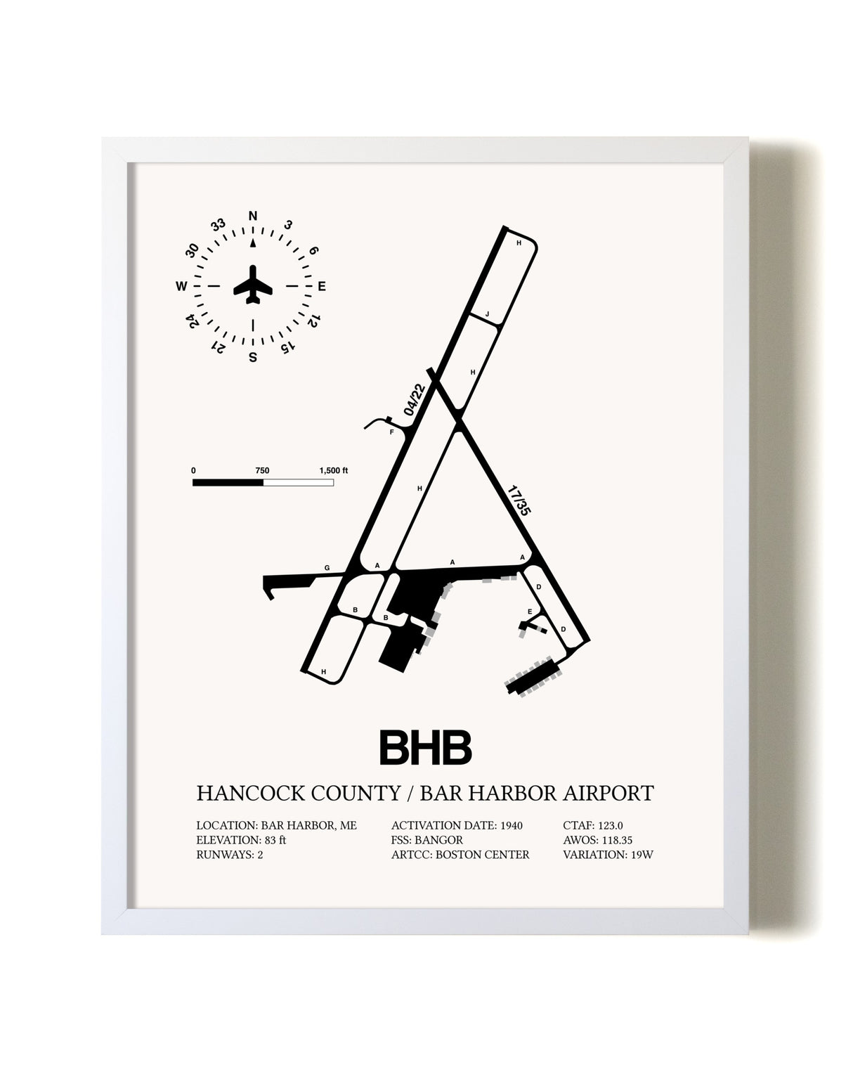 Hancock County / Bar Harbor Airport airport map poster in oak frame