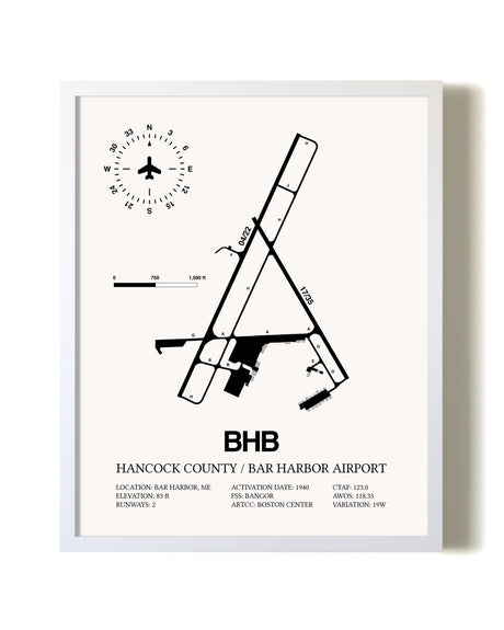 Hancock County / Bar Harbor Airport airport map poster in oak frame