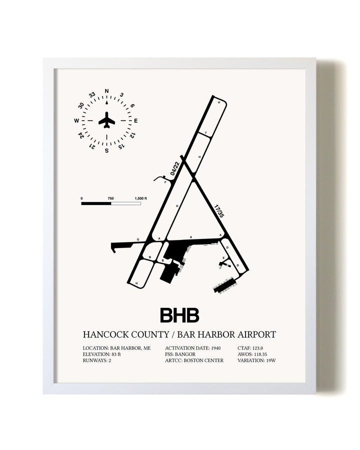 Hancock County / Bar Harbor Airport airport map poster in oak frame