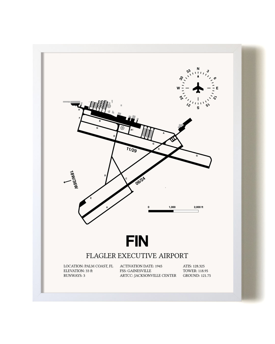 Flagler Executive Airport airport map poster in oak frame