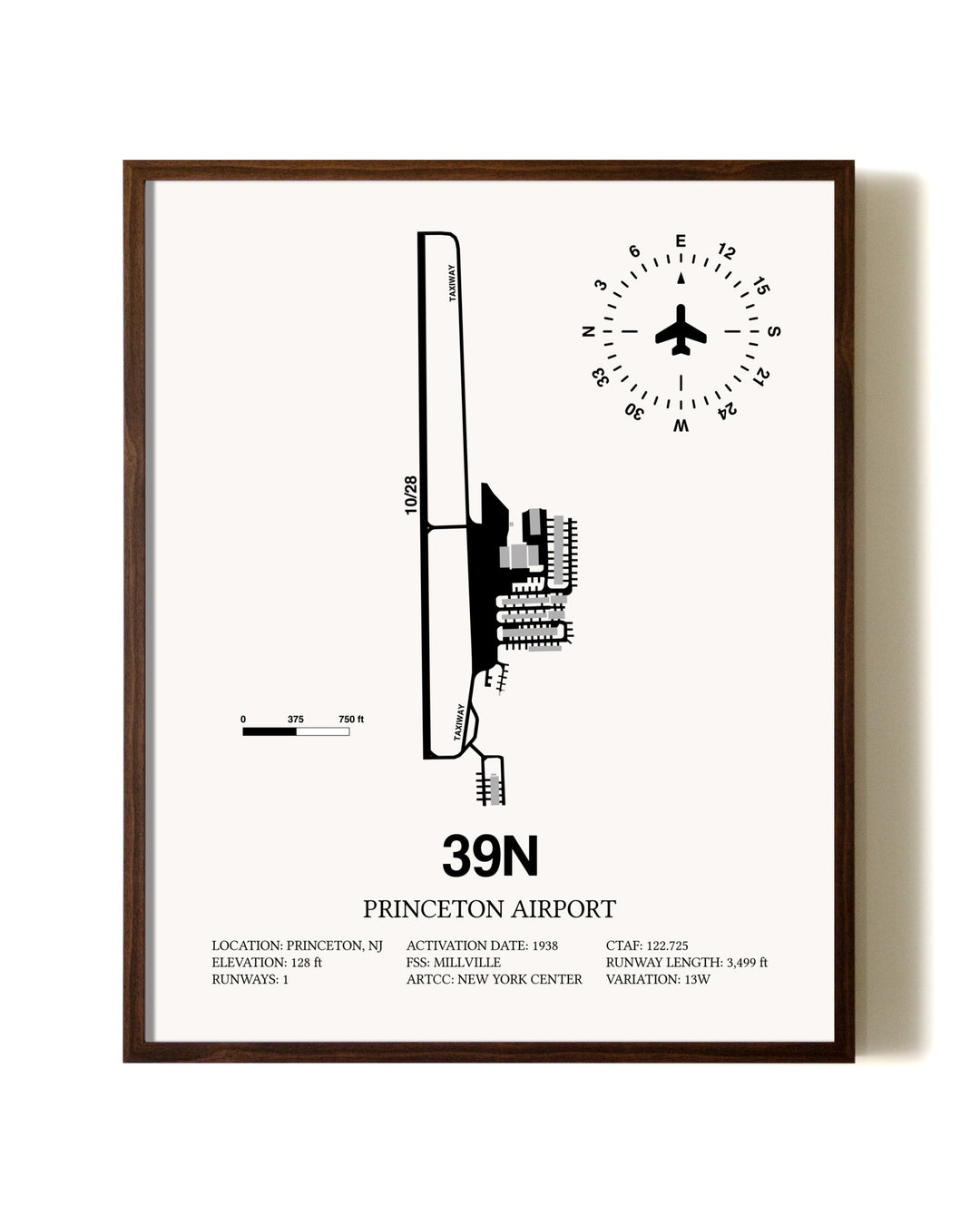 Princeton Airport aviation print in walnut frame