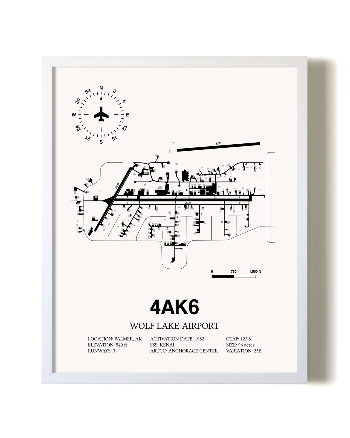 Wolf Lake Airport airport map poster in oak frame