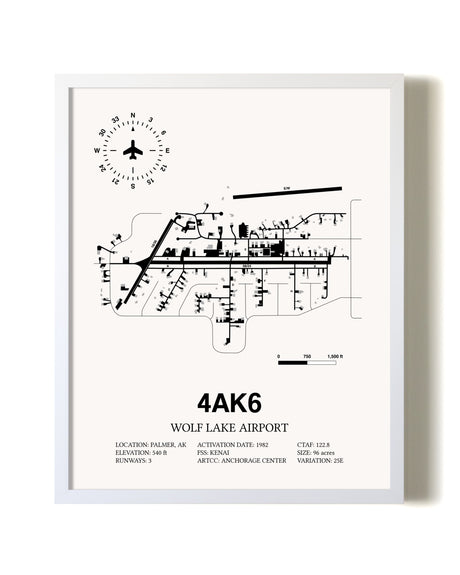 Wolf Lake Airport airport map poster in oak frame