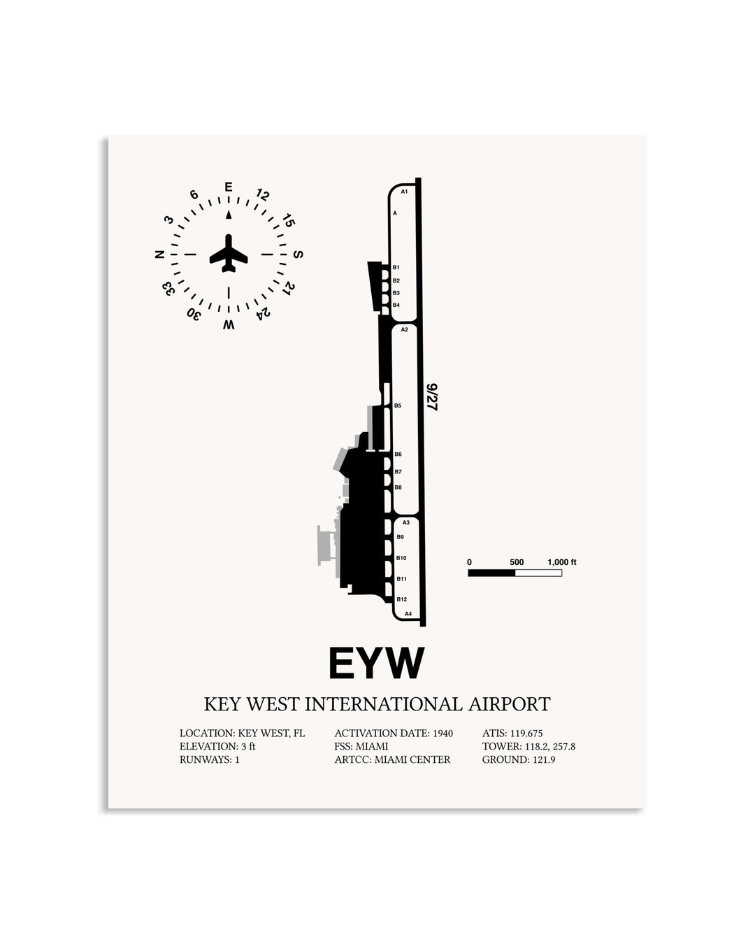 Gray Key West International Airport framed poster displayed in an airplane hangar