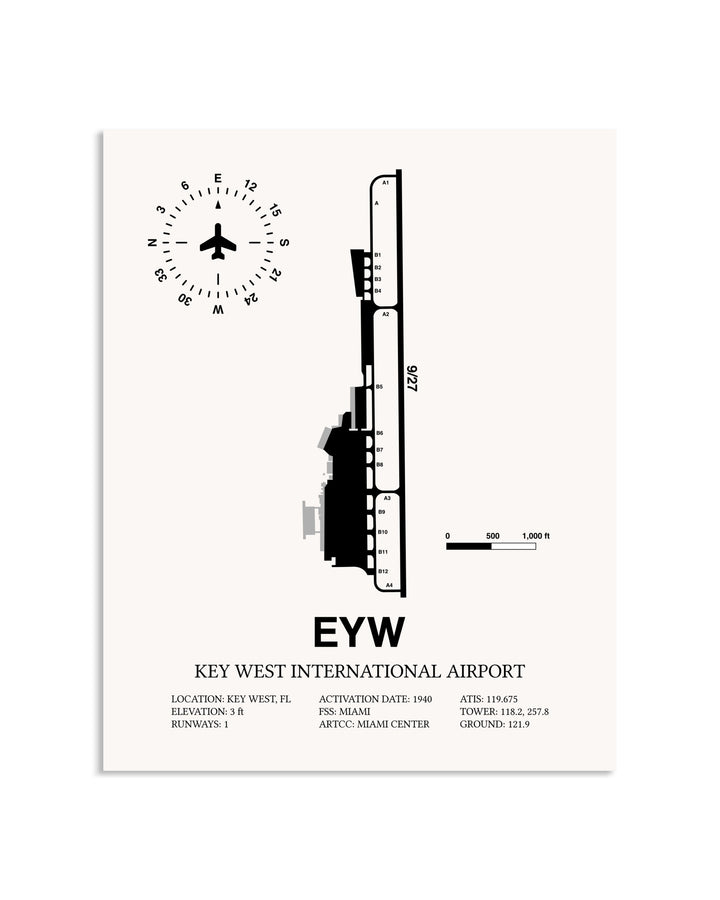Gray Key West International Airport framed poster displayed in an airplane hangar