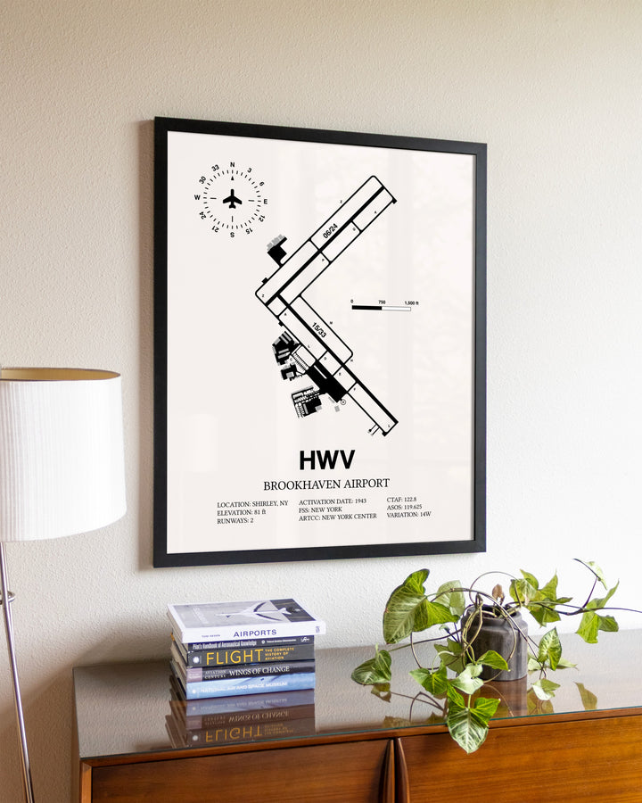 Brookhaven Airport aviation wall décor in black wood frame
