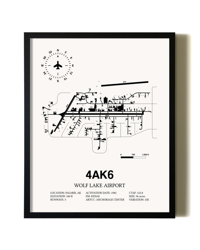 Framed Wolf Lake Airport wall art poster in black frame