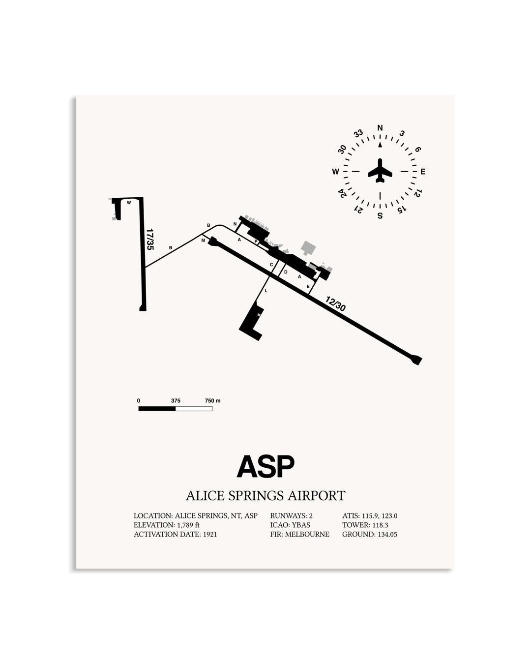 Gray Alice Springs Airport framed poster displayed in an airplane hangar