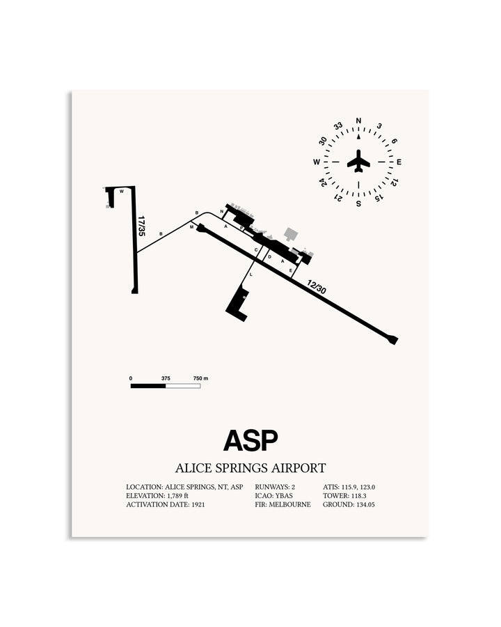 Gray Alice Springs Airport framed poster displayed in an airplane hangar