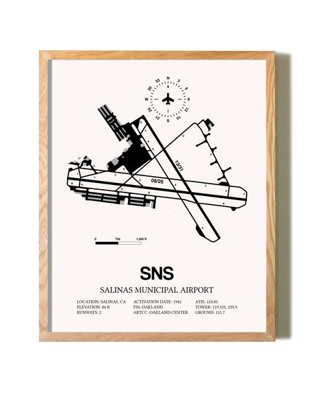 Salinas Municipal Airport framed print in natural wood frame