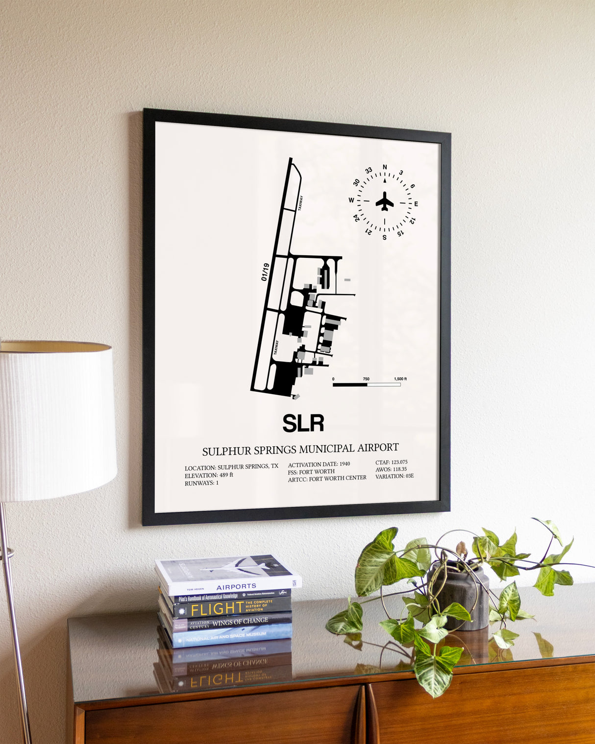 Sulphur Springs Municipal Airport aviation wall décor in black wood frame