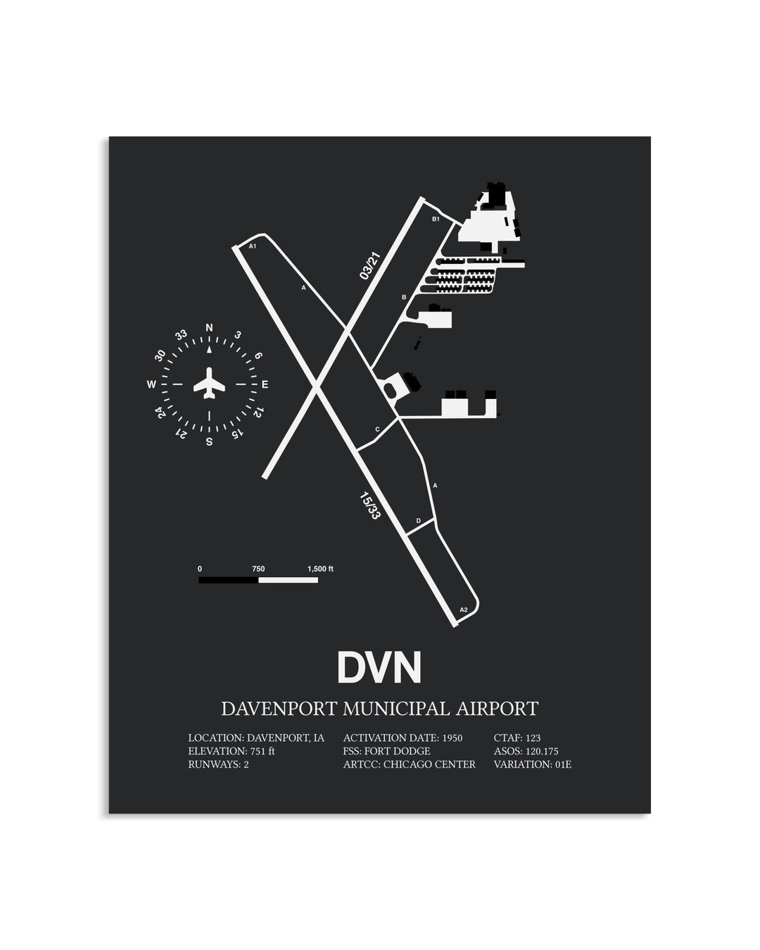 Gray Framed Davenport Municipal Airport layout wall art poster