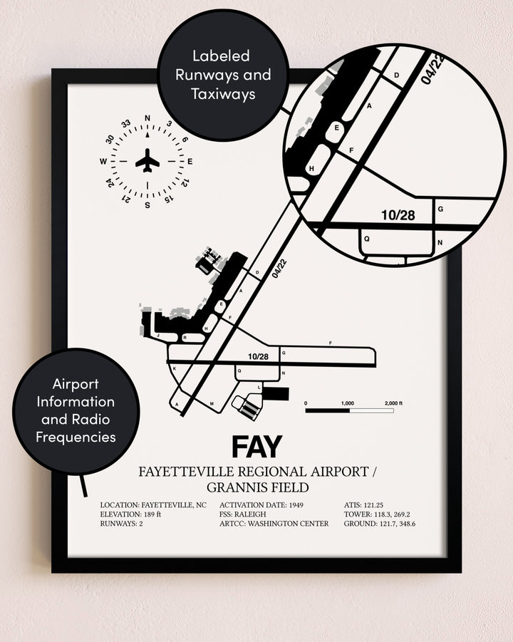 Framed Fayetteville Regional Airport / Grannis Field layout wall art poster