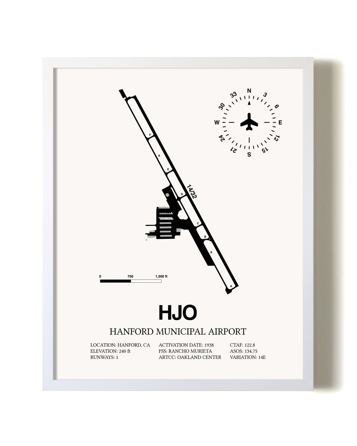 Hanford Municipal Airport airport map poster in oak frame