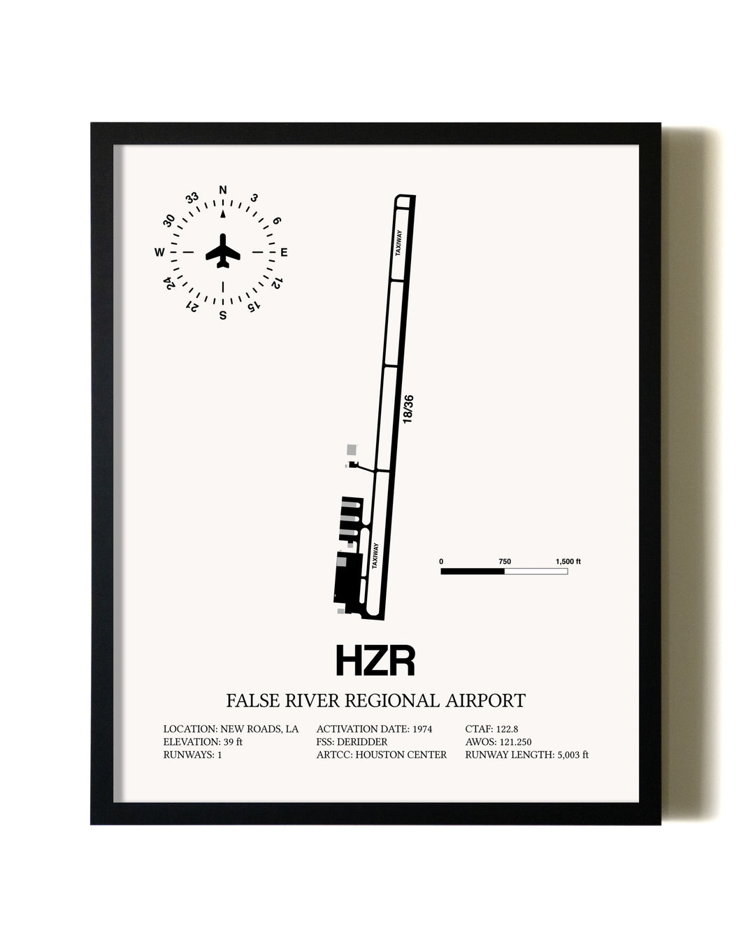 Framed False River Regional Airport wall art poster in black frame