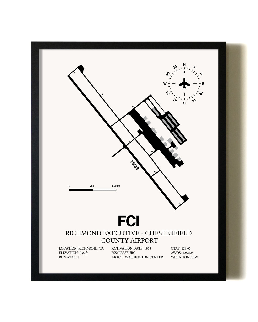 Framed Richmond Executive-Chesterfield County Airport wall art poster in black frame