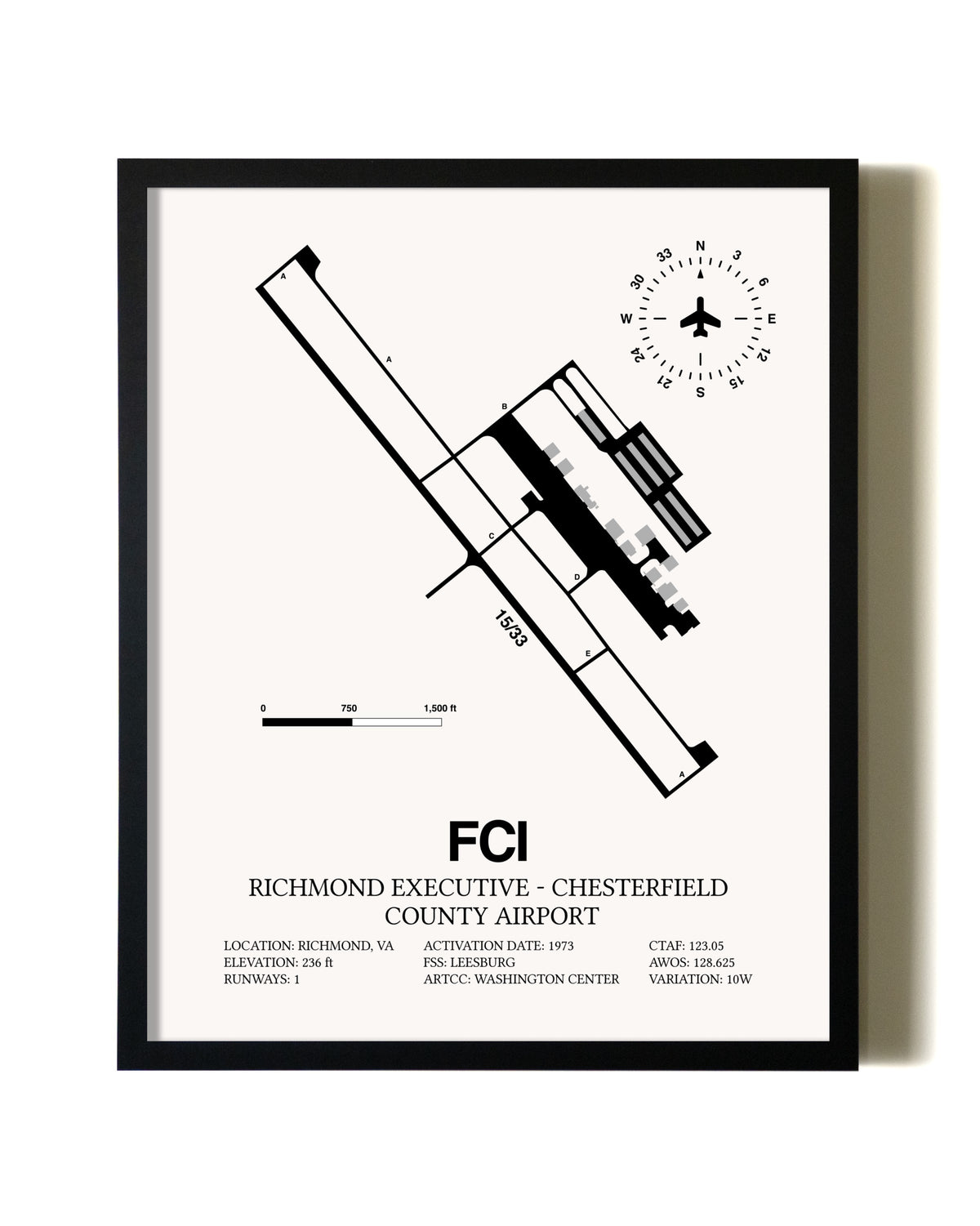 Framed Richmond Executive-Chesterfield County Airport wall art poster in black frame