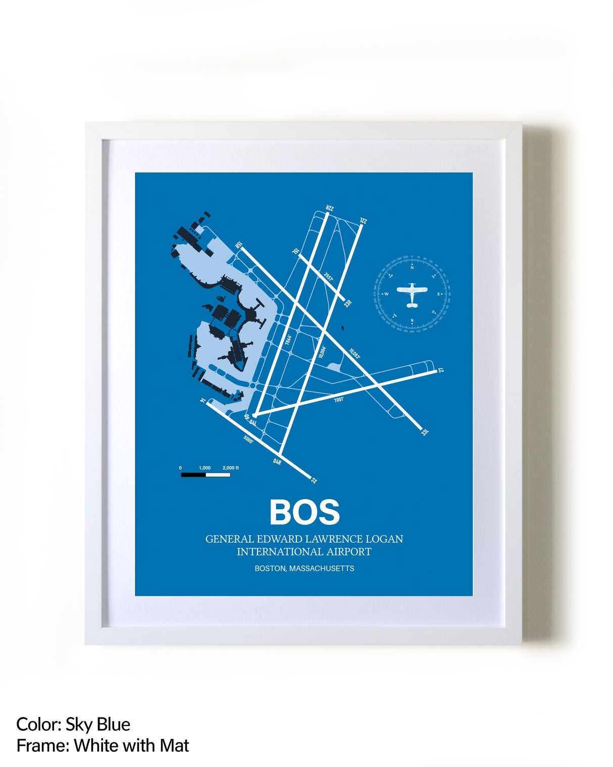 Boston Logan International Airport framed wall art in white frame with mat