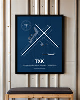 Texarkana Regional Airport - Webb Field framed poster displayed in an airplane hangar