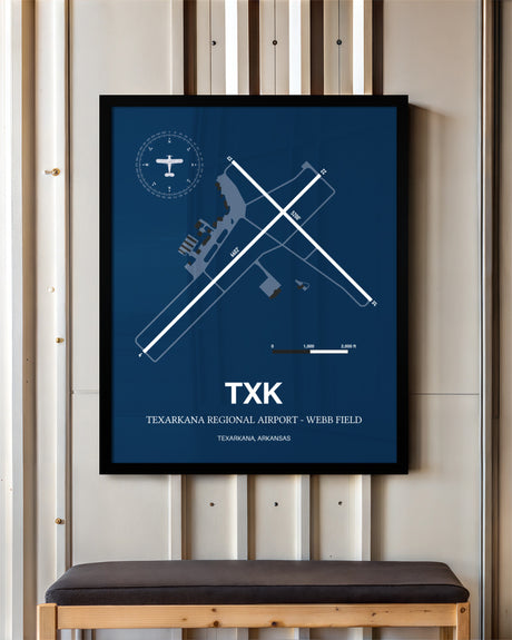 Texarkana Regional Airport - Webb Field framed poster displayed in an airplane hangar
