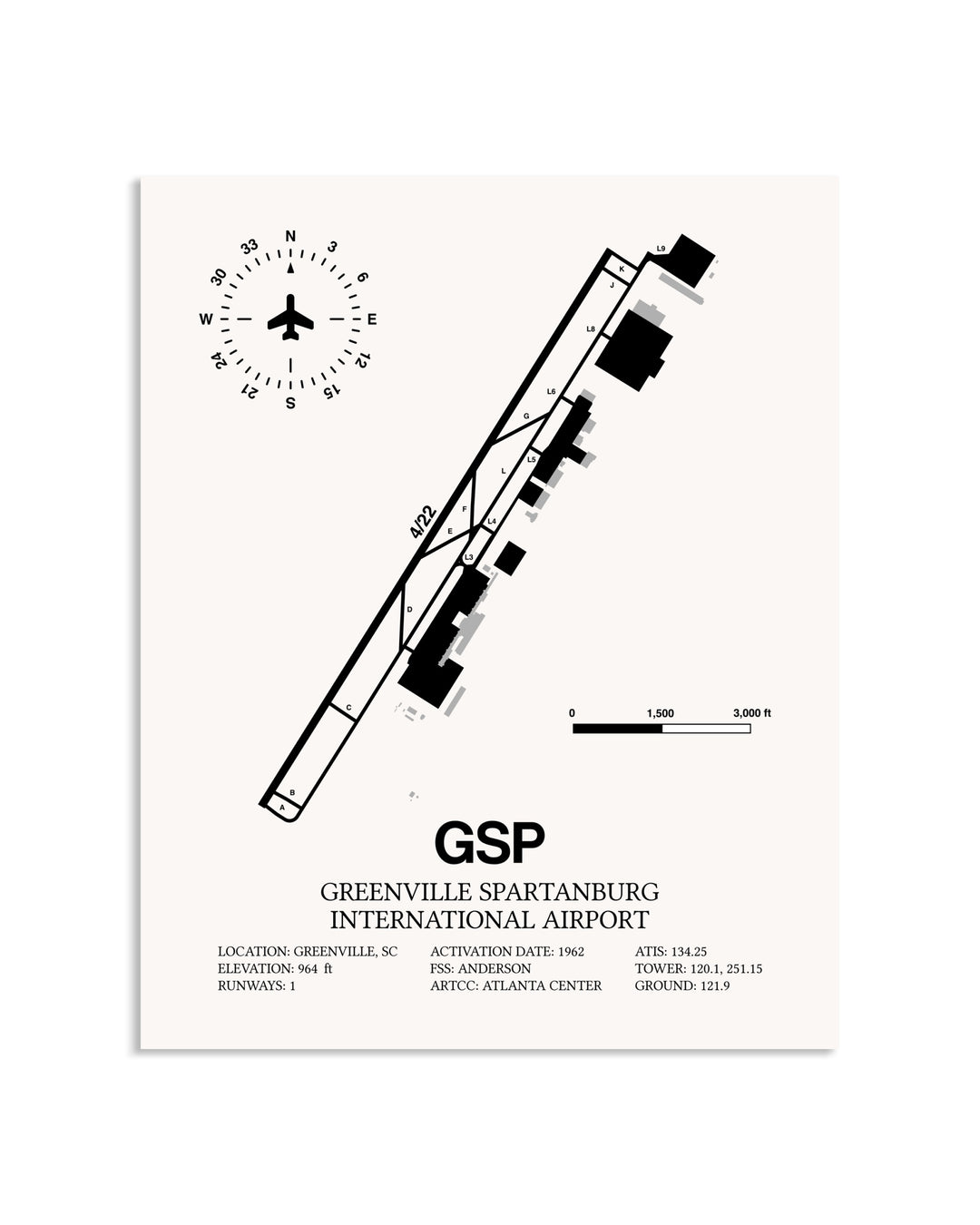 Gray Greenville Spartanburg International Airport framed poster displayed in an airplane hangar