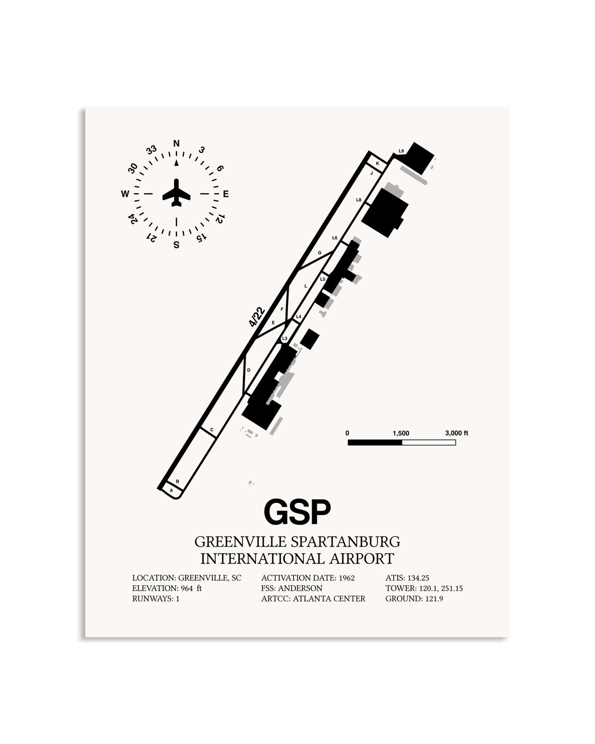 Gray Greenville Spartanburg International Airport framed poster displayed in an airplane hangar