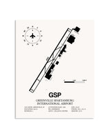 Gray Greenville Spartanburg International Airport framed poster displayed in an airplane hangar