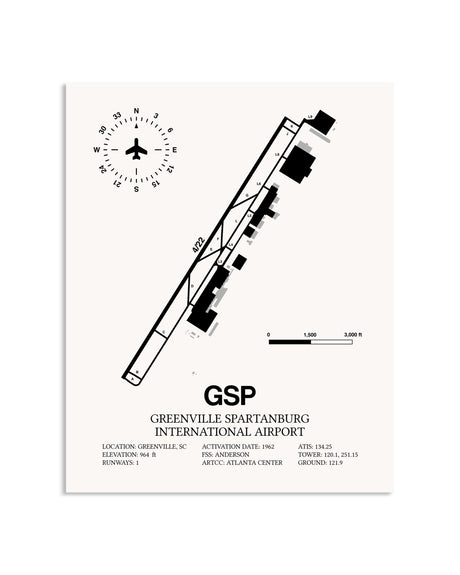 Gray Greenville Spartanburg International Airport framed poster displayed in an airplane hangar