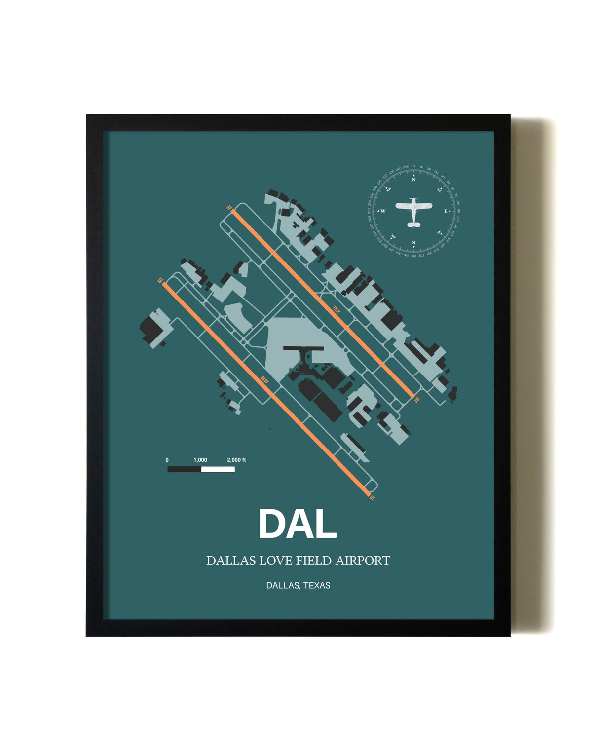 Green Dallas Love Field Airport aviation wall décor in black wood frame