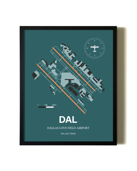 Green Dallas Love Field Airport aviation wall décor in black wood frame