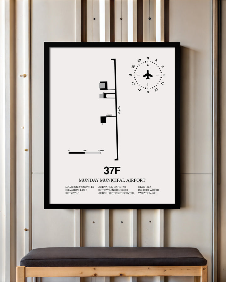 Framed Detailed Airport Map of Munday Municipal Airport (37F) in White with a Black Frame