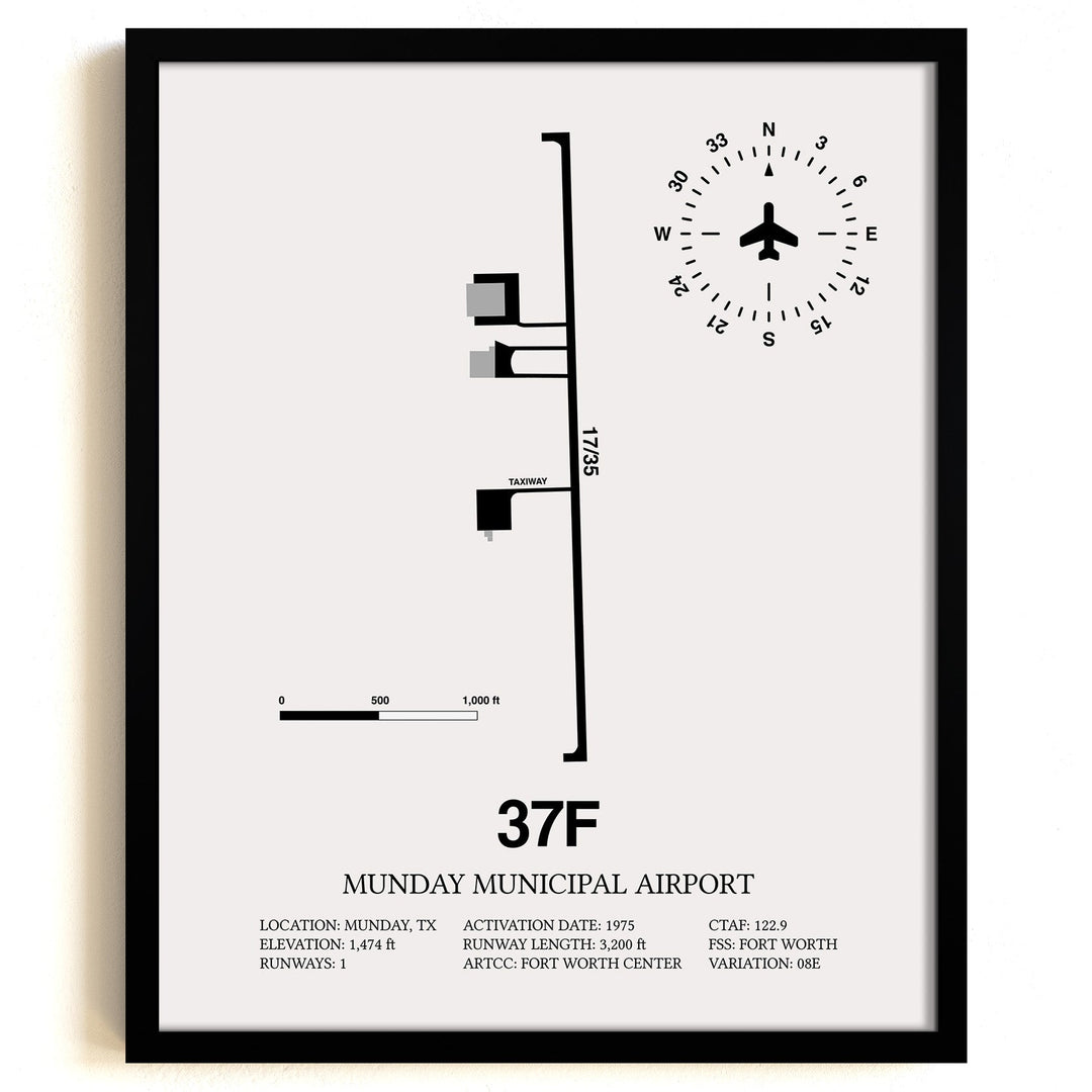 Framed Detailed Airport Map of Munday Municipal Airport (37F) in White with a Black Frame