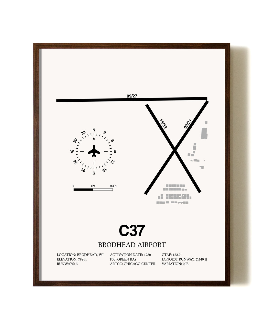 Brodhead Airport aviation print in walnut frame