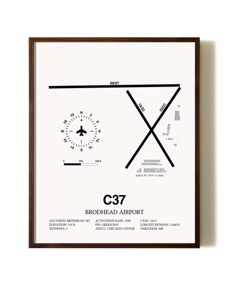 Brodhead Airport aviation print in walnut frame