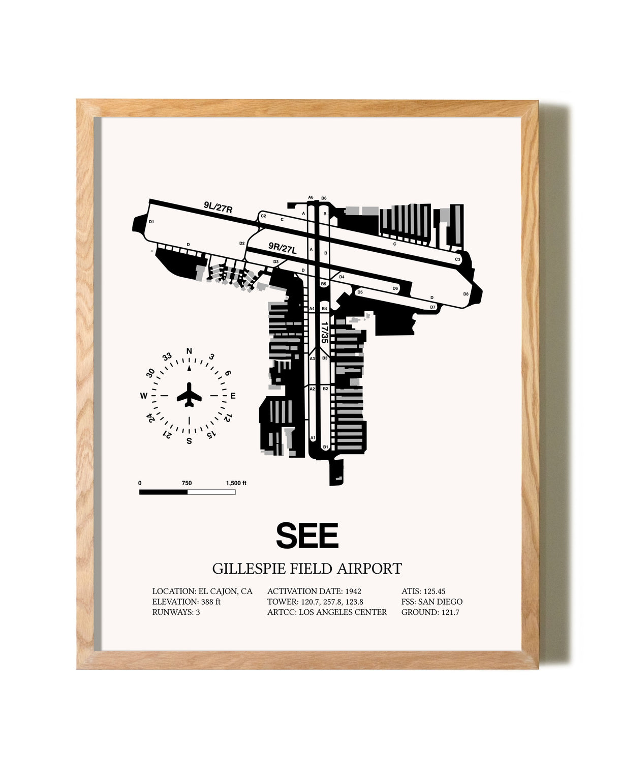 Gillespie Field Airport framed print in natural wood frame