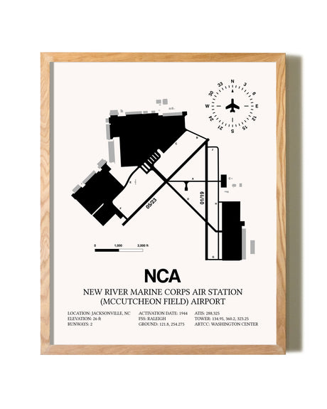 New River Marine Corps Air Station (McCutcheon Field) Airport framed print in natural wood frame