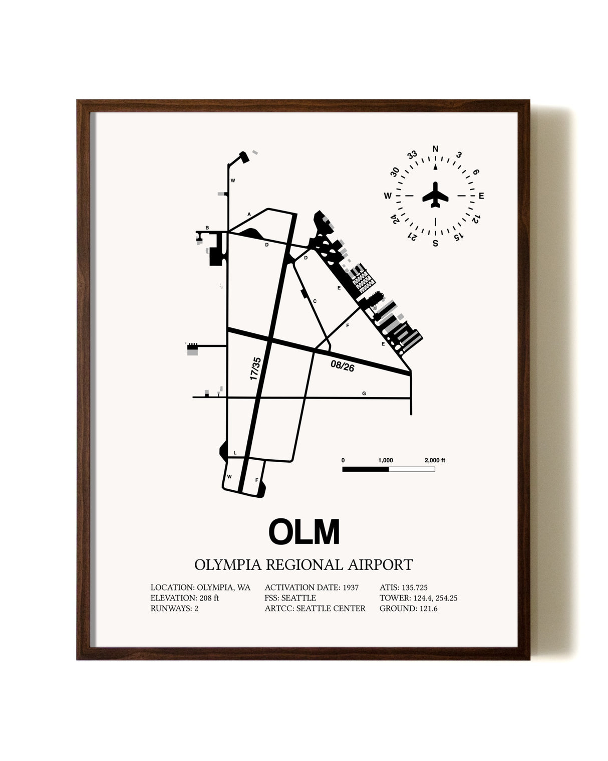 Olympia Regional Airport aviation print in walnut frame