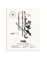 Gray Wiley Post Airport framed poster displayed in an airplane hangar