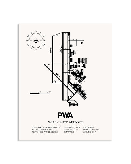 Gray Wiley Post Airport framed poster displayed in an airplane hangar
