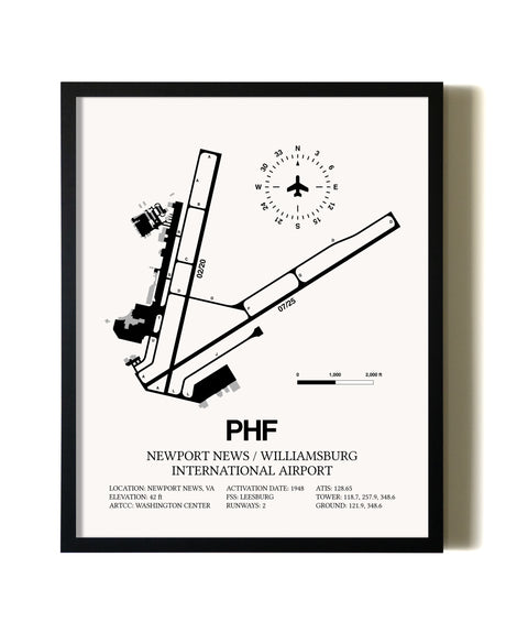 Framed Newport News / Williamsburg International Airport wall art poster in black frame