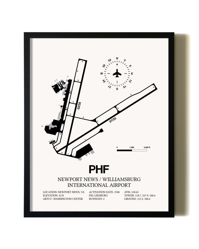 Framed Newport News / Williamsburg International Airport wall art poster in black frame