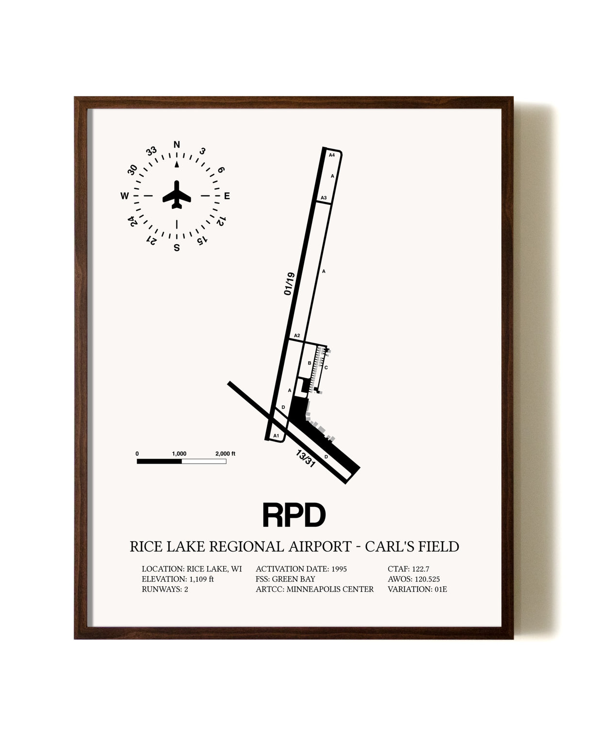 Rice Lake Regional Airport-Carl's Field aviation print in walnut frame