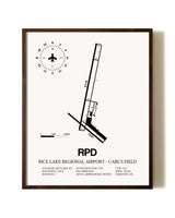 Rice Lake Regional Airport-Carl's Field aviation print in walnut frame