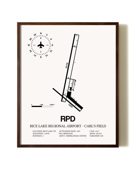 Rice Lake Regional Airport-Carl's Field aviation print in walnut frame