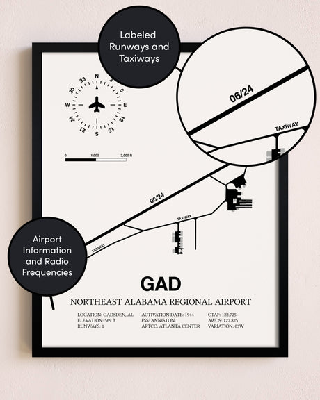 Framed Northeast Alabama Regional Airport layout wall art poster