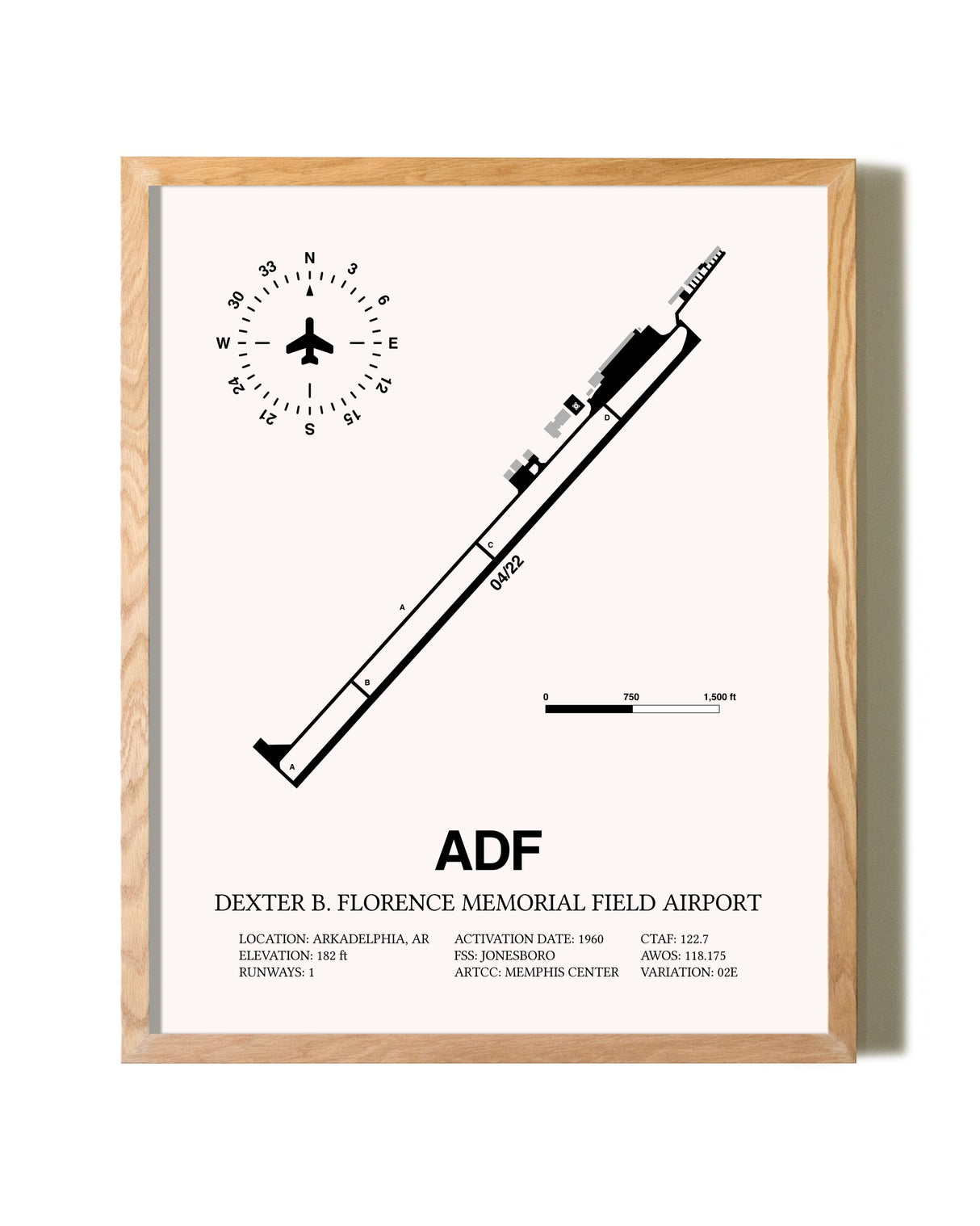 Dexter B. Florence Memorial Field Airport framed print in natural wood frame