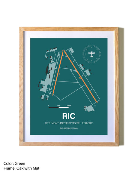 Richmond International Airport airport map poster in oak frame with mat