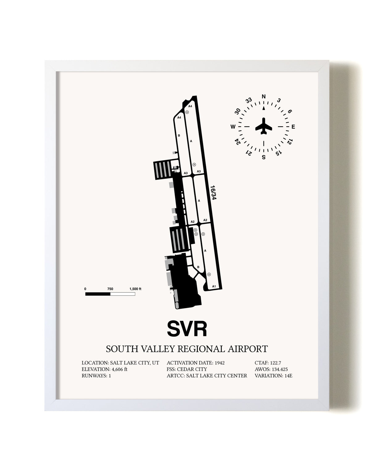 South Valley Regional Airport airport map poster in oak frame