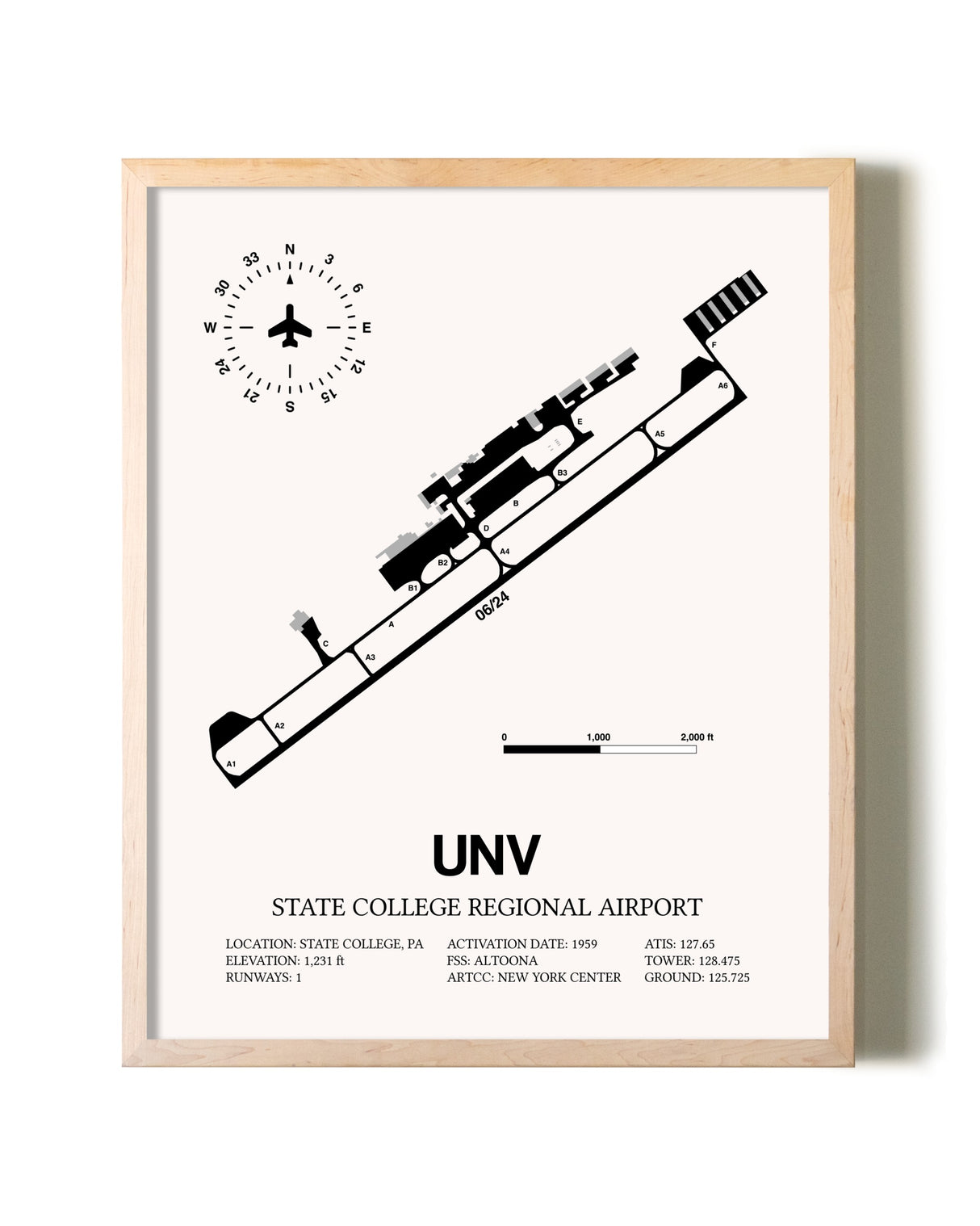 State College Regional Airport framed wall art in white frame